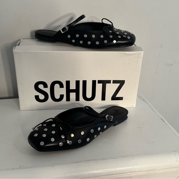 SCHUTZ Black Flats with Silver Studs Arissa studded mules size 7.5 - Picture 6 of 8